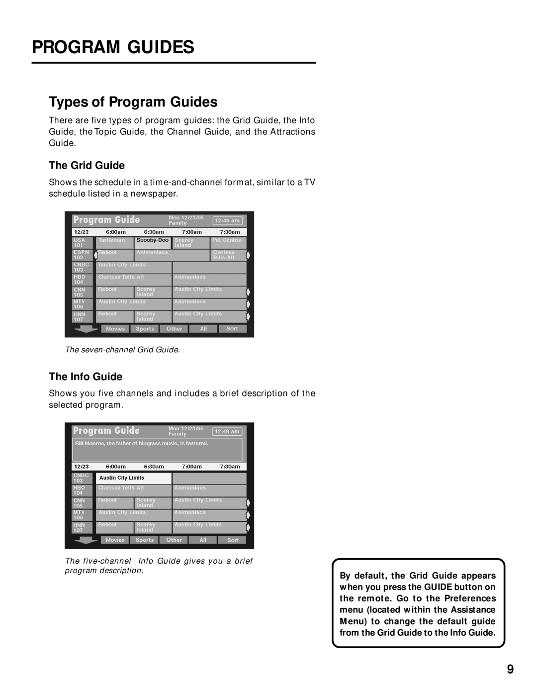 Panasonic TU-IRD20 manual Types of Program Guides, Grid Guide, Info Guide 