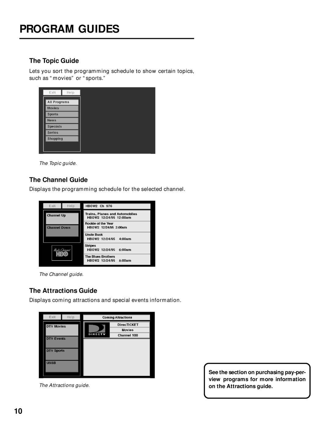 Panasonic TU-IRD20 manual Topic Guide, Channel Guide, Attractions Guide 