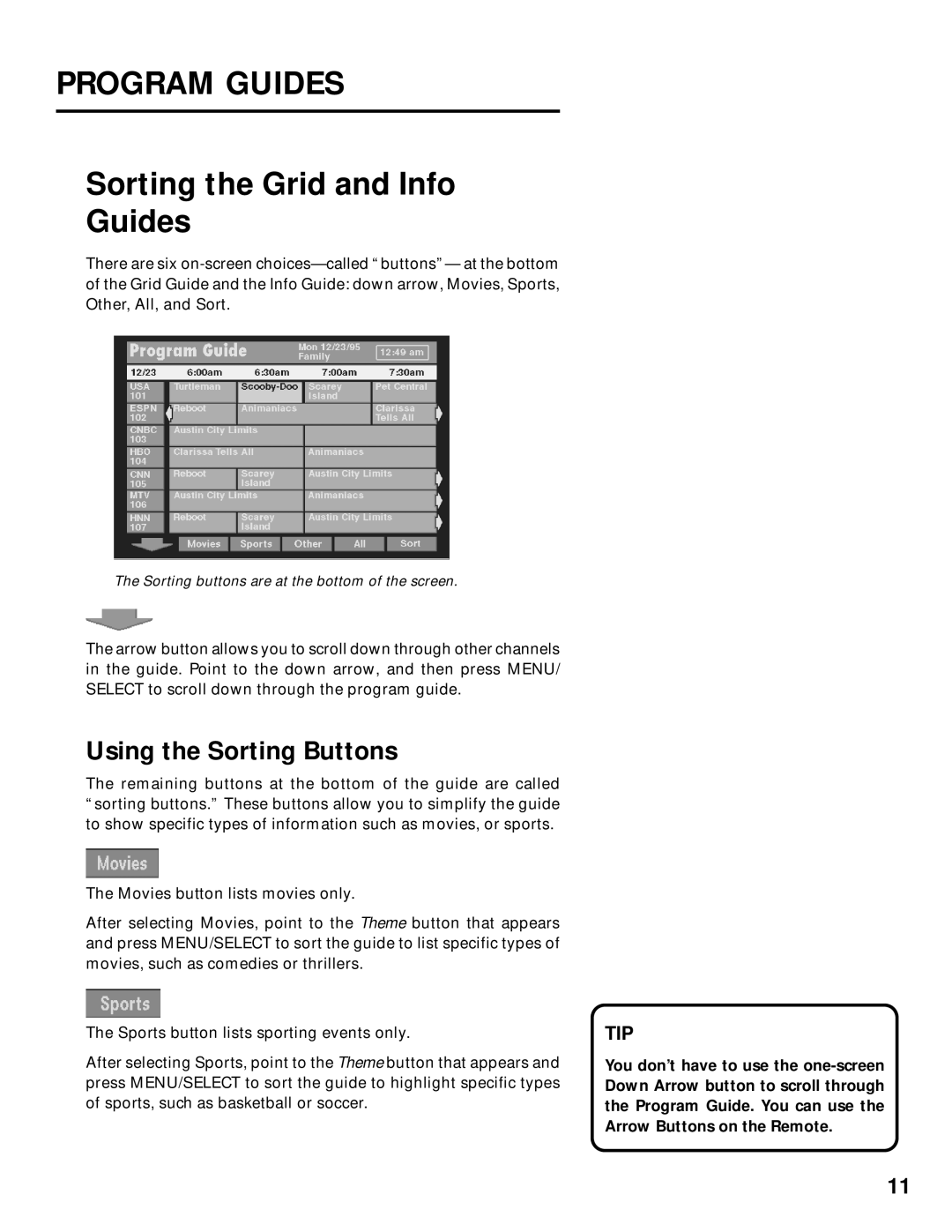 Panasonic TU-IRD20 manual Sorting the Grid and Info Guides, Using the Sorting Buttons 