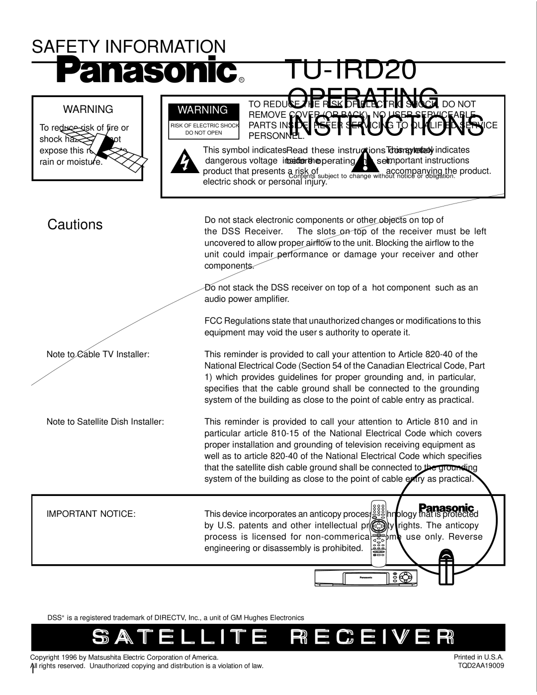 Panasonic TU-IRD20 manual Safety Information, Personnel 