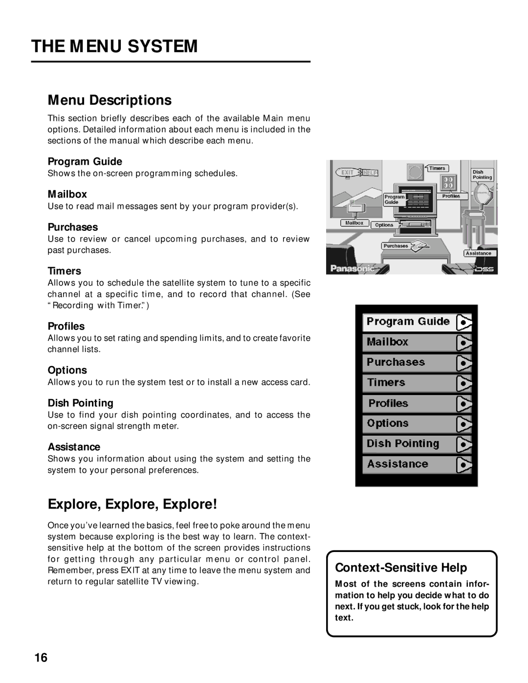 Panasonic TU-IRD20 manual Menu Descriptions, Explore, Explore, Explore 