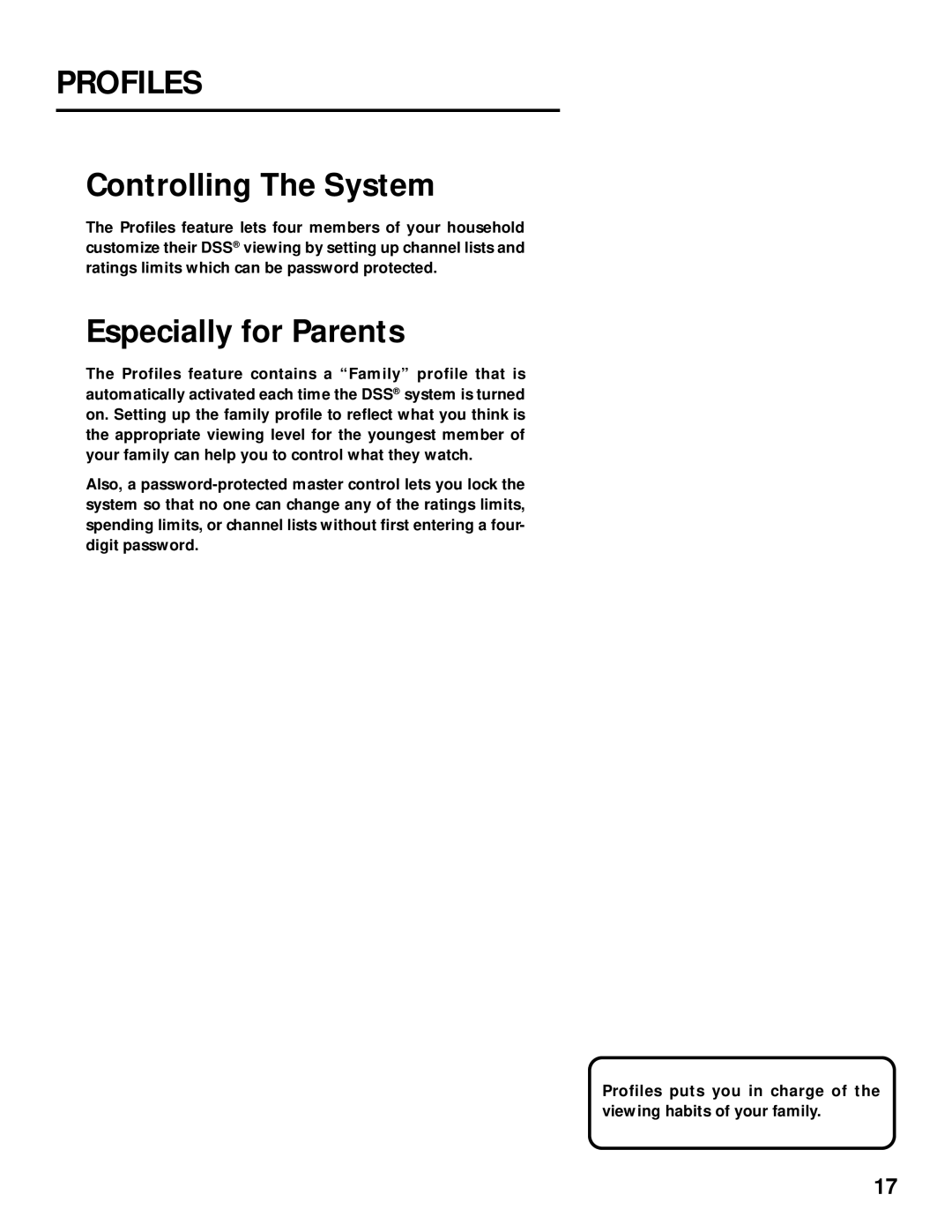 Panasonic TU-IRD20 manual Profiles, Controlling The System, Especially for Parents 