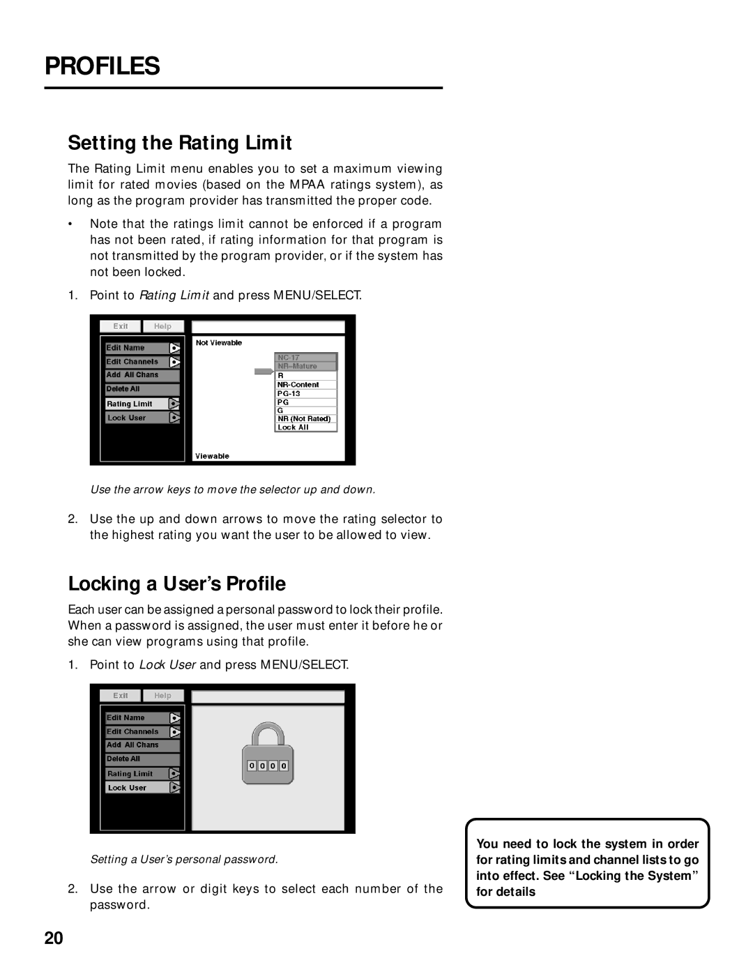 Panasonic TU-IRD20 manual Setting the Rating Limit, Locking a User’s Profile 