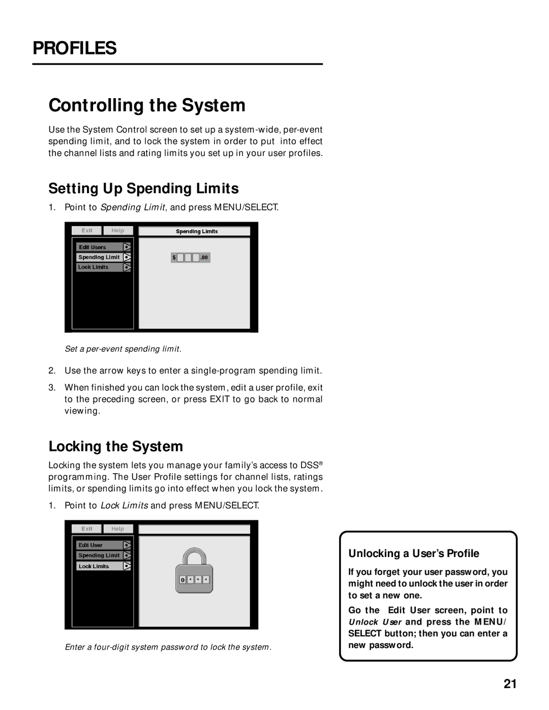 Panasonic TU-IRD20 manual Setting Up Spending Limits, Locking the System, Unlocking a User’s Profile 