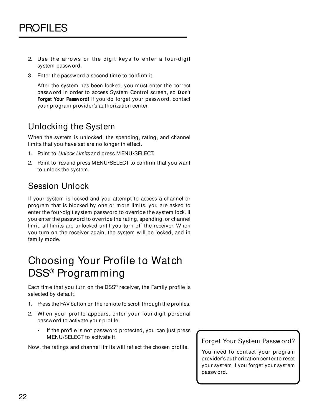 Panasonic TU-IRD20 manual Choosing Your Profile to Watch DSS Programming, Unlocking the System, Session Unlock 