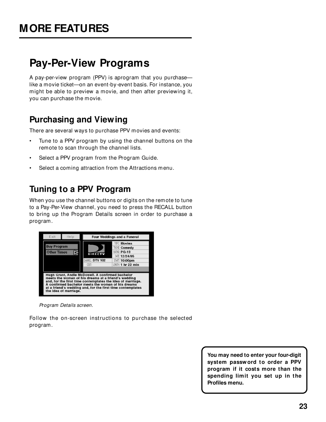 Panasonic TU-IRD20 manual More Features, Pay-Per-View Programs, Purchasing and Viewing, Tuning to a PPV Program 