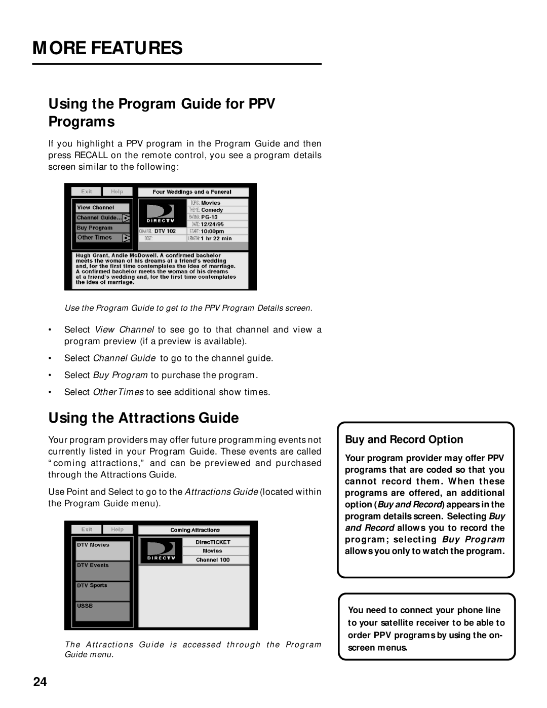 Panasonic TU-IRD20 manual Using the Program Guide for PPV Programs, Using the Attractions Guide, Buy and Record Option 