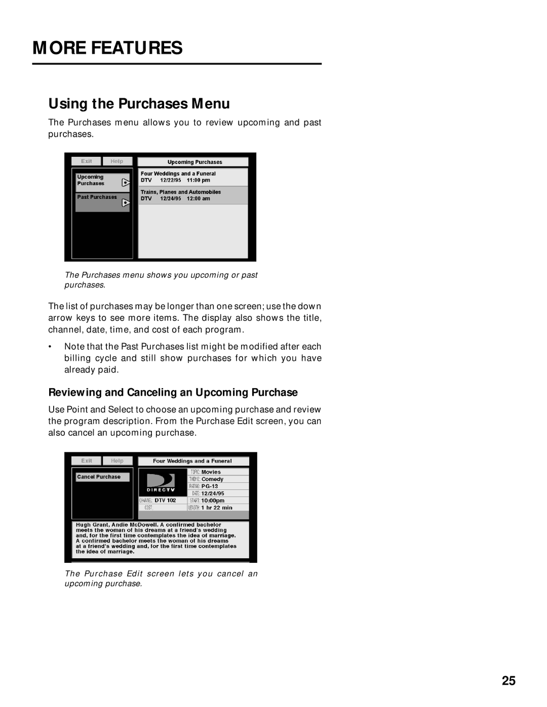 Panasonic TU-IRD20 manual Using the Purchases Menu, Reviewing and Canceling an Upcoming Purchase 