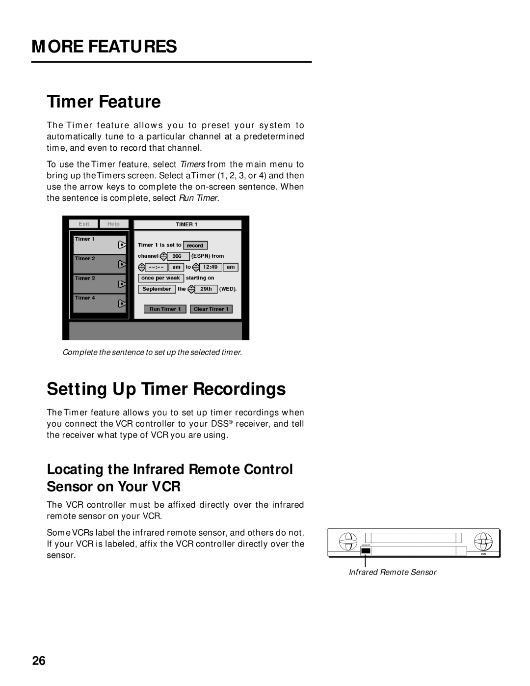 Panasonic TU-IRD20 Timer Feature, Setting Up Timer Recordings, Locating the Infrared Remote Control Sensor on Your VCR 