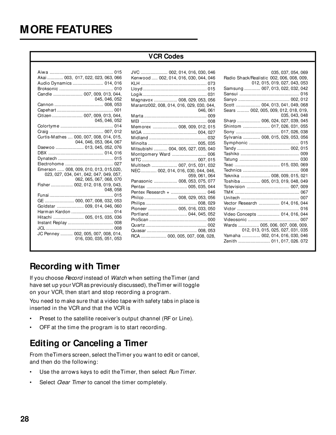 Panasonic TU-IRD20 manual Recording with Timer, Editing or Canceling a Timer, VCR Codes 