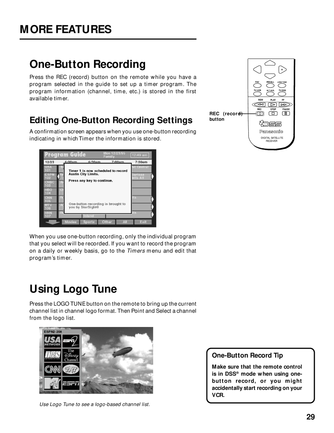 Panasonic TU-IRD20 manual Using Logo Tune, Editing One-Button Recording Settings, One-Button Record Tip 