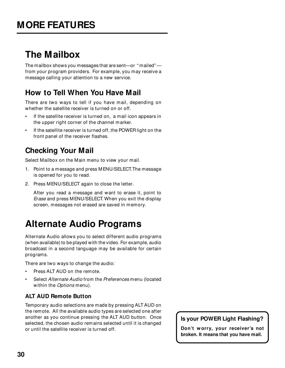 Panasonic TU-IRD20 manual Mailbox, Alternate Audio Programs, How to Tell When You Have Mail, Checking Your Mail 