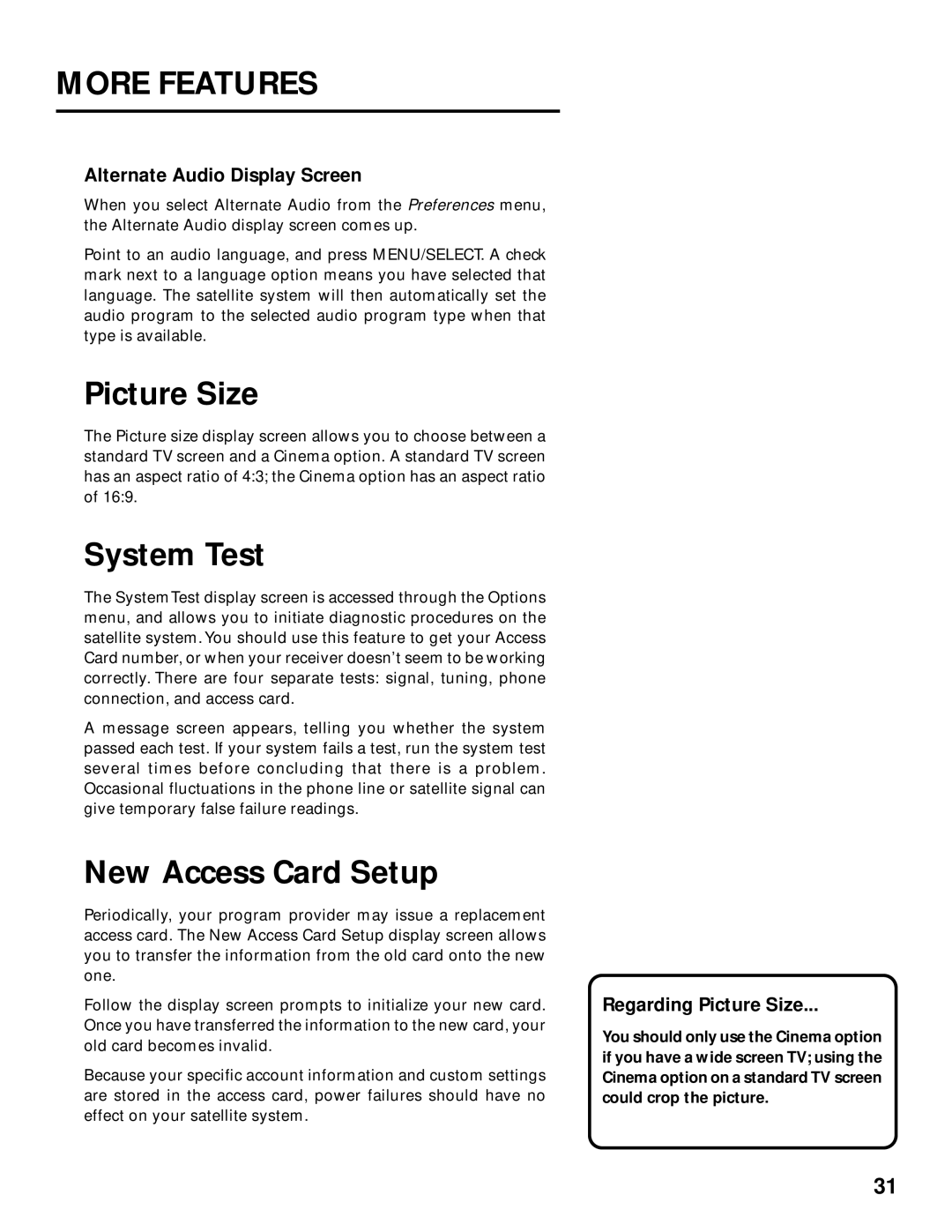 Panasonic TU-IRD20 manual Picture Size, System Test, New Access Card Setup, Alternate Audio Display Screen 