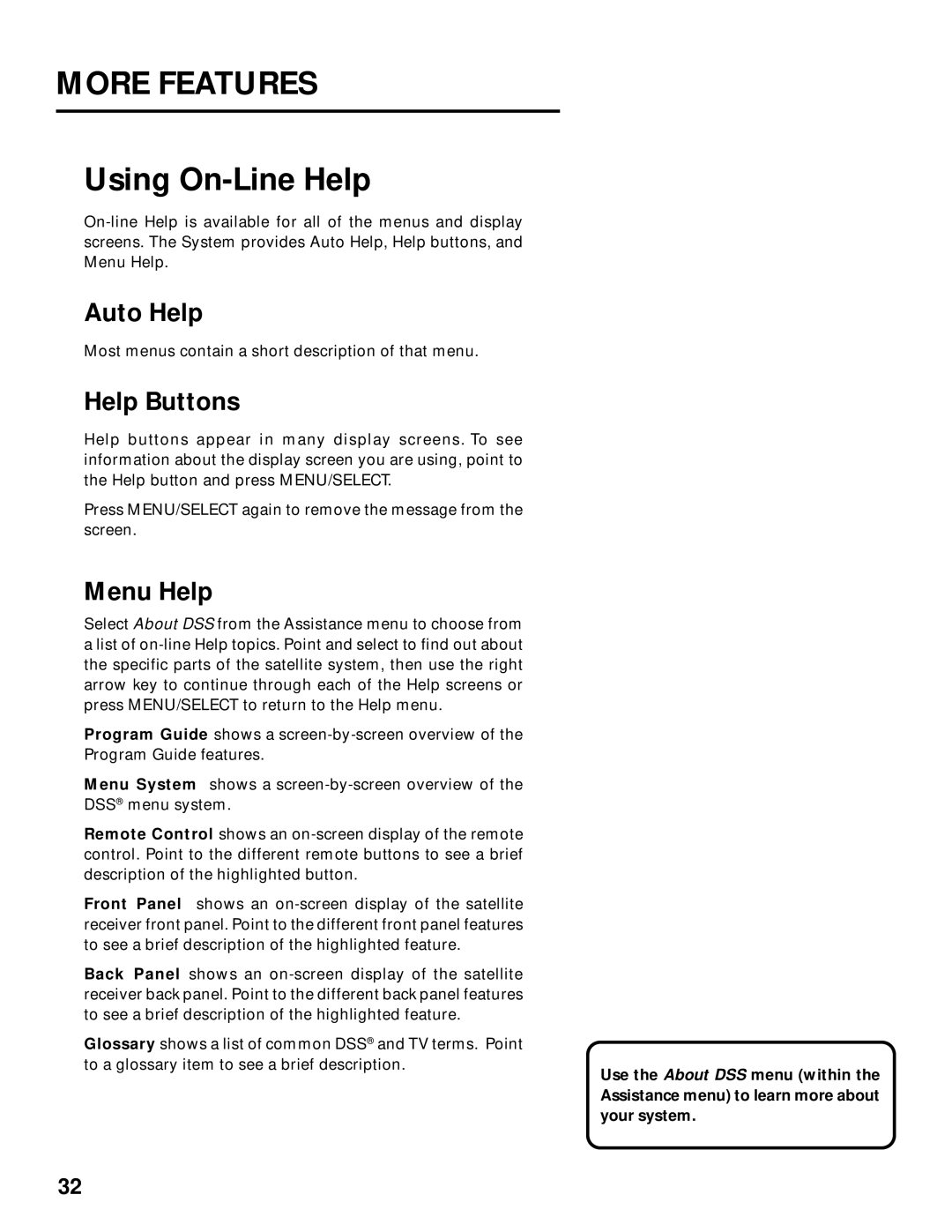 Panasonic TU-IRD20 manual Using On-Line Help, Auto Help, Help Buttons, Menu Help 