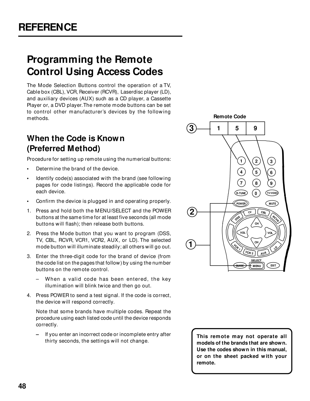 Panasonic TU-IRD20 manual Programming the Remote Control Using Access Codes, When the Code is Known Preferred Method 