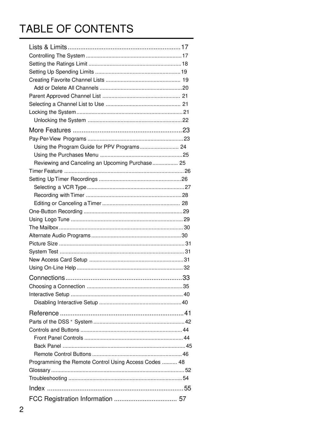 Panasonic TU-IRD20 manual Lists & Limits, More Features, Connections, Reference, Index FCC Registration Information 