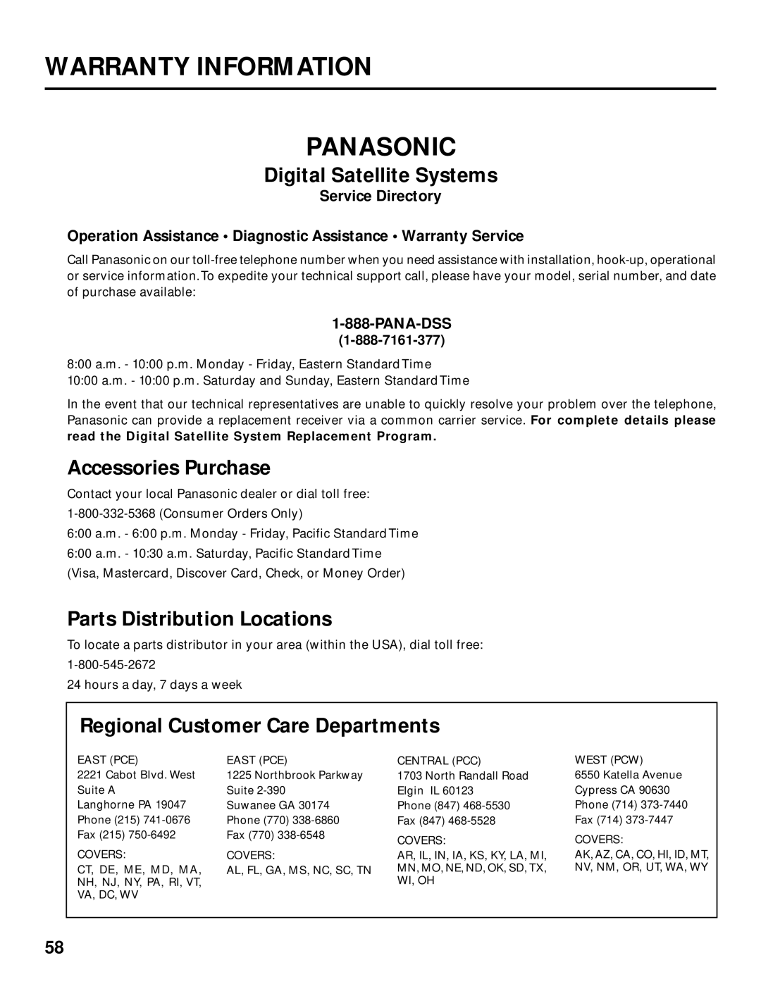 Panasonic TU-IRD20 manual Accessories Purchase, Parts Distribution Locations, Regional Customer Care Departments 