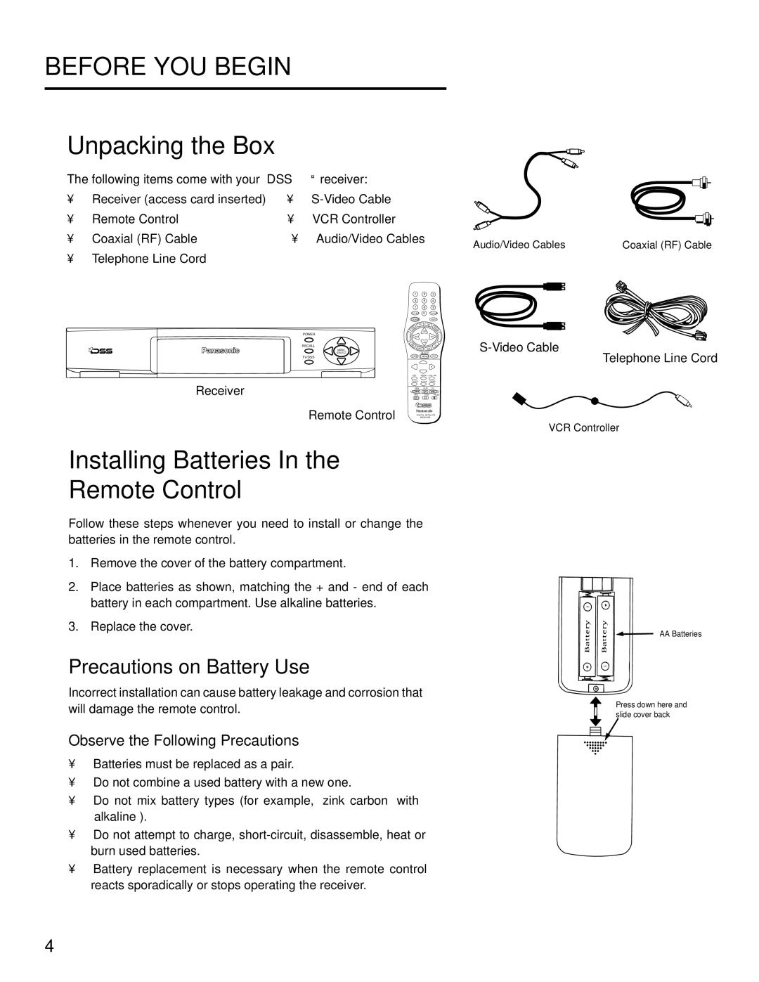 Panasonic TU-IRD20 manual Unpacking the Box, Installing Batteries Remote Control, Precautions on Battery Use 