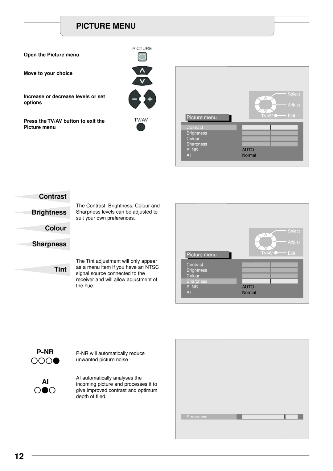 Panasonic TU-PTA100E manual Picture Menu, Contrast, Colour Sharpness 