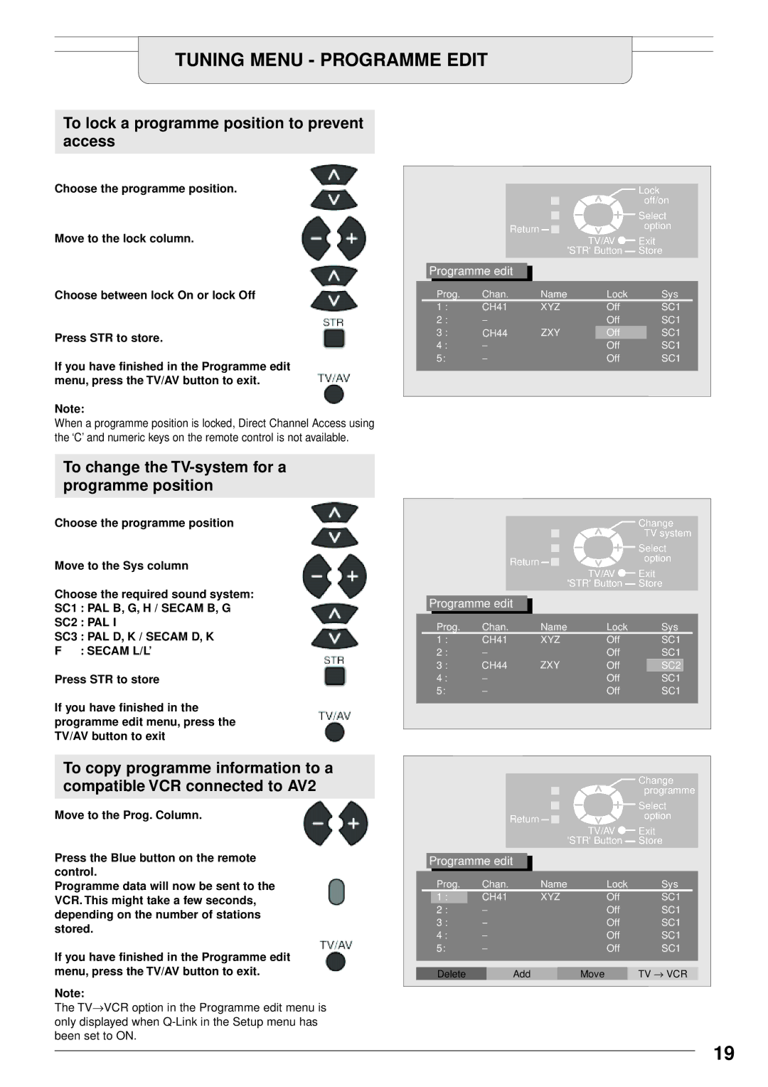 Panasonic TU-PTA100E To lock a programme position to prevent access, To change the TV-system for a programme position 