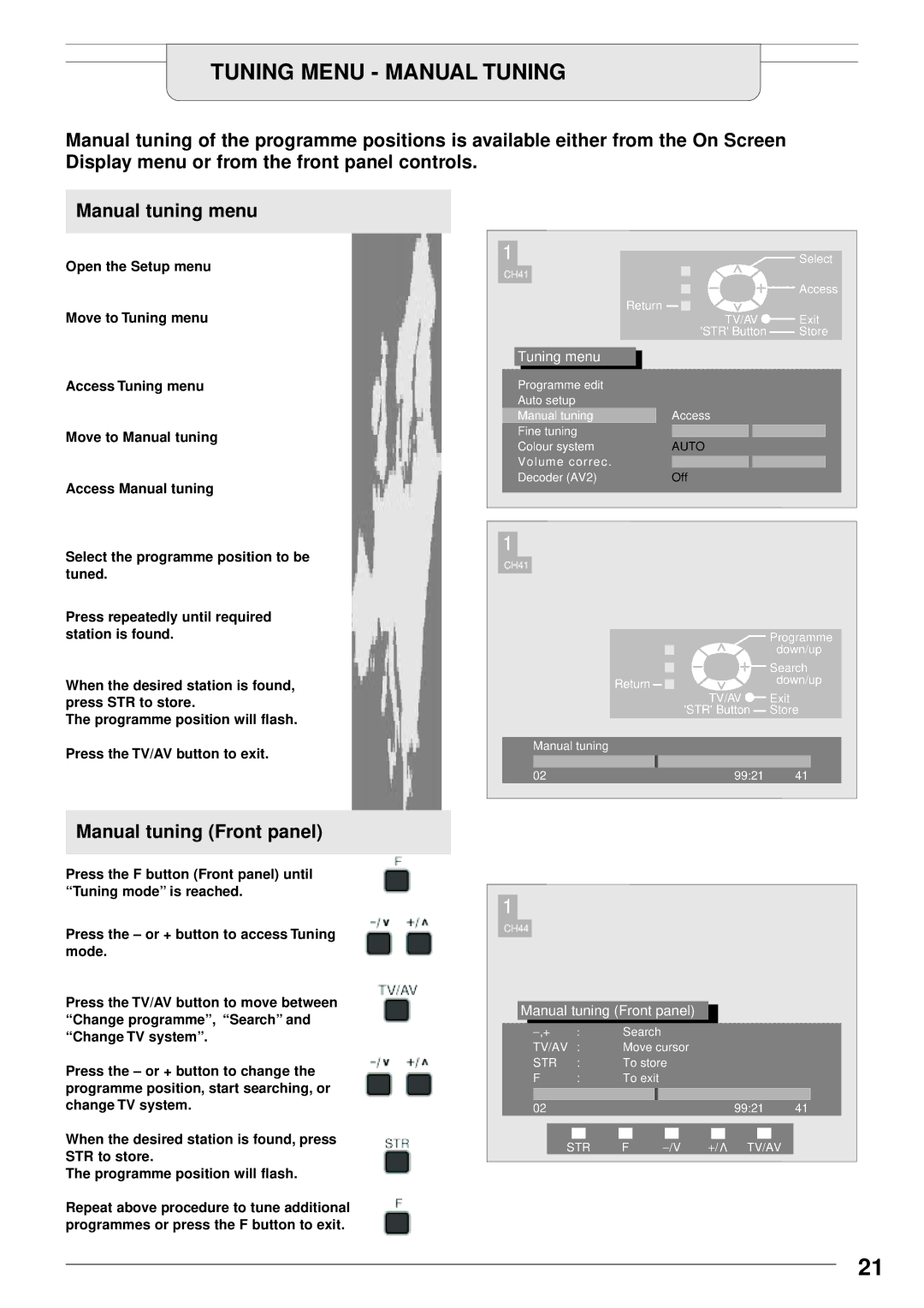 Panasonic TU-PTA100E manual Tuning Menu Manual Tuning, Manual tuning Front panel 