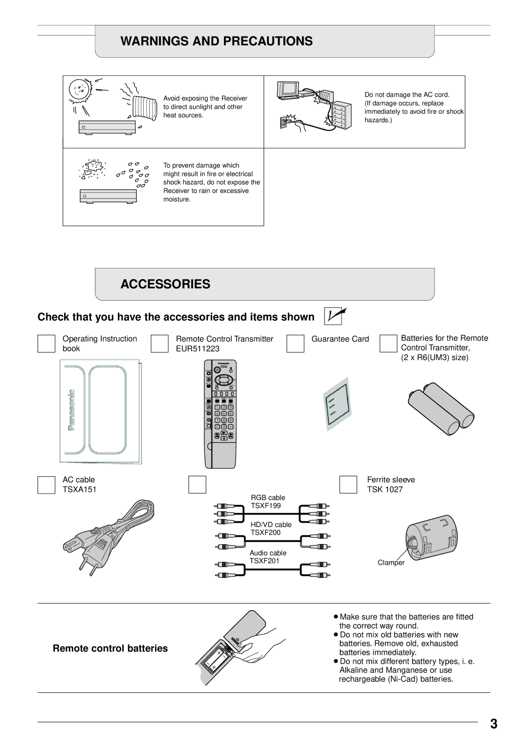 Panasonic TU-PTA100E manual Accessories, Check that you have the accessories and items shown 