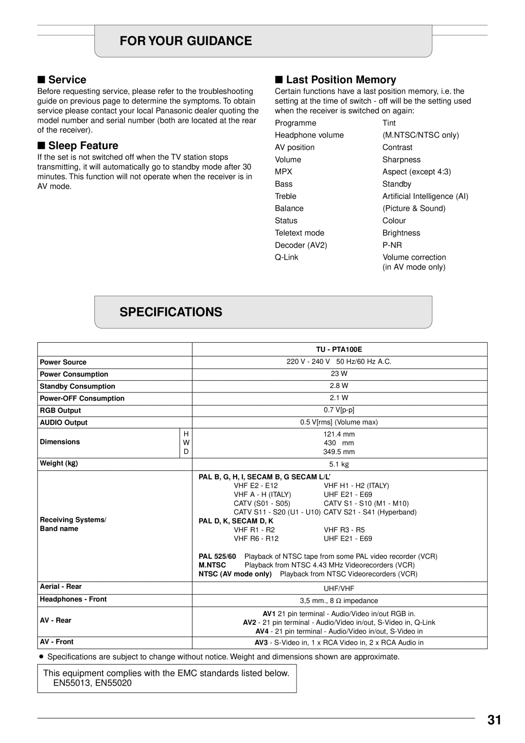 Panasonic TU-PTA100E manual For Your Guidance, Specifications, Service, Last Position Memory, Sleep Feature 