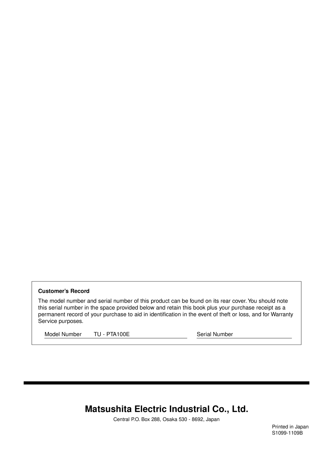 Panasonic TU-PTA100E manual Customer’s Record 