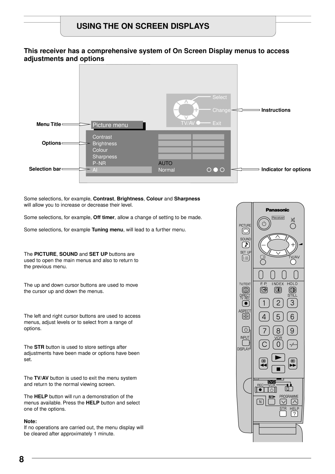 Panasonic TU-PTA100E Using the on Screen Displays, Change Instructions Menu Title, Selection bar, Indicator for options 