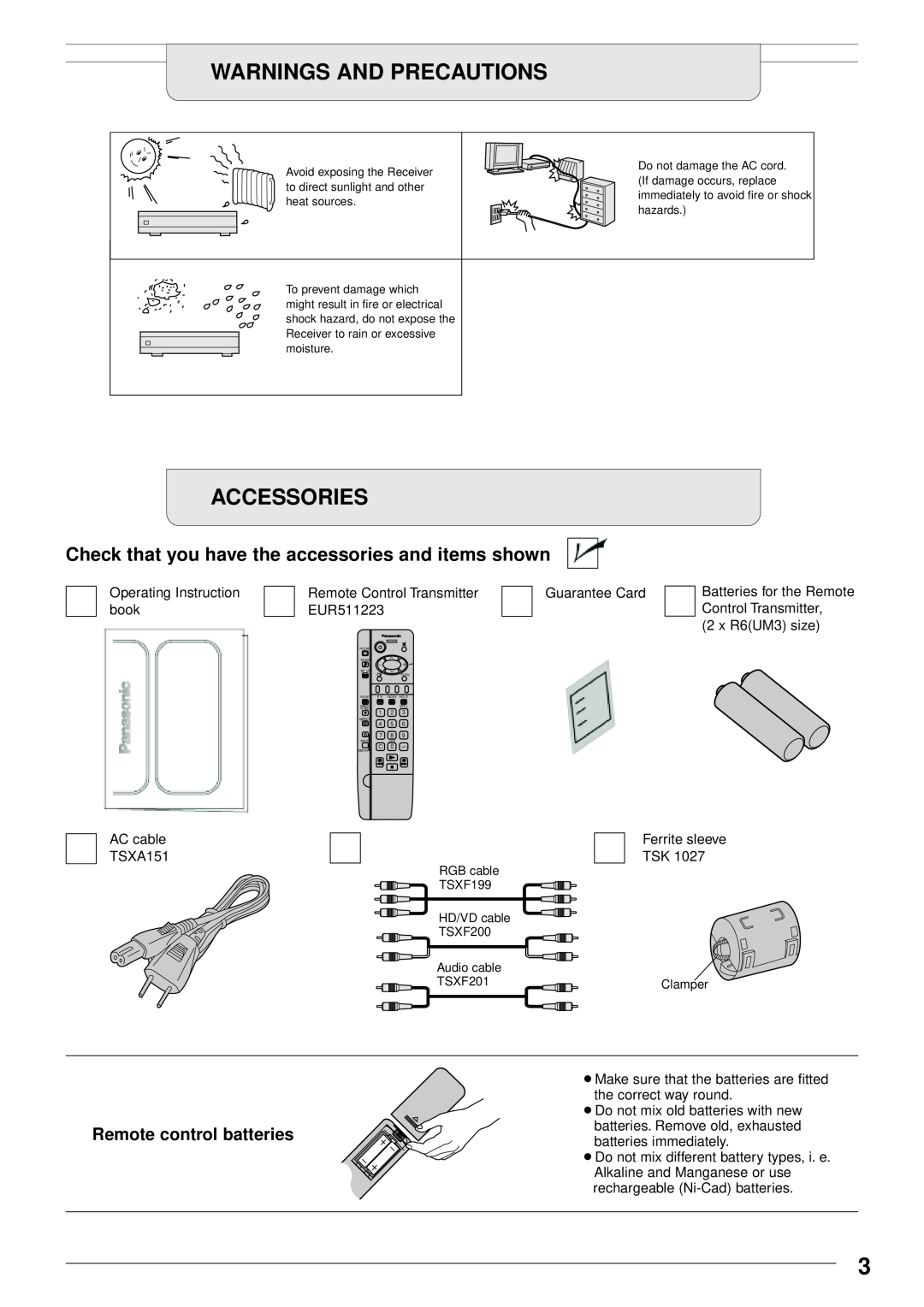Panasonic TU-PTA100E manual Accessories, Check that you have the accessories and items shown, Remote control batteries 