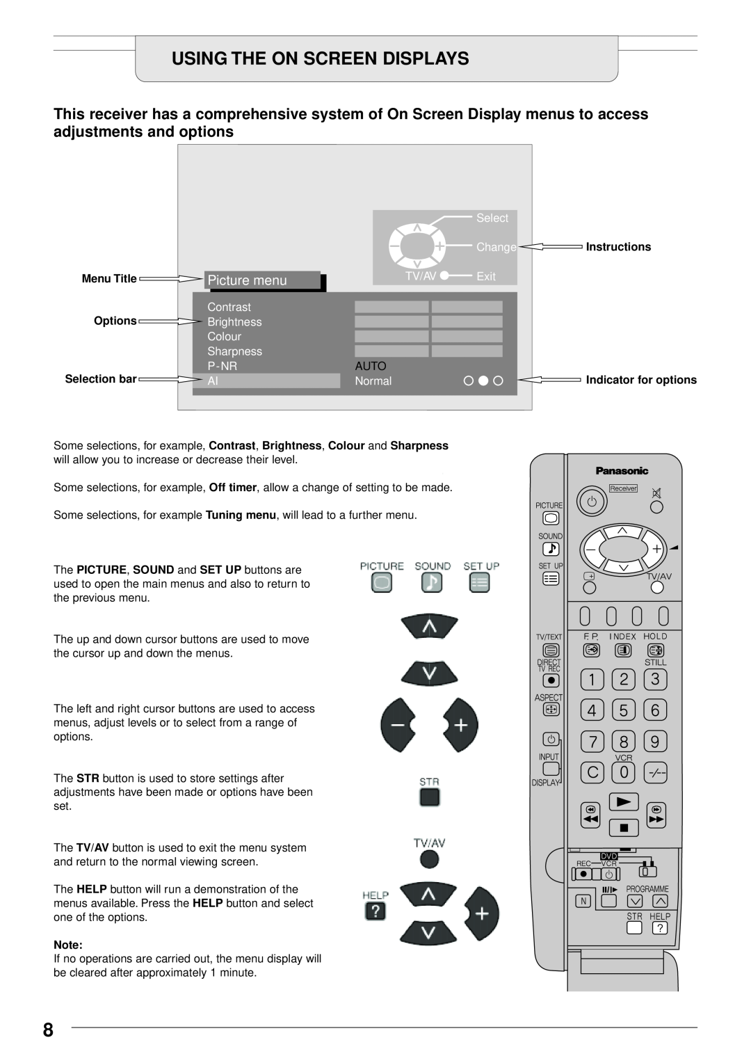 Panasonic TU-PTA100E Using The On Screen Displays, Picture menu, Select, Change Instructions, Menu Title, Tv/Av, Exit 