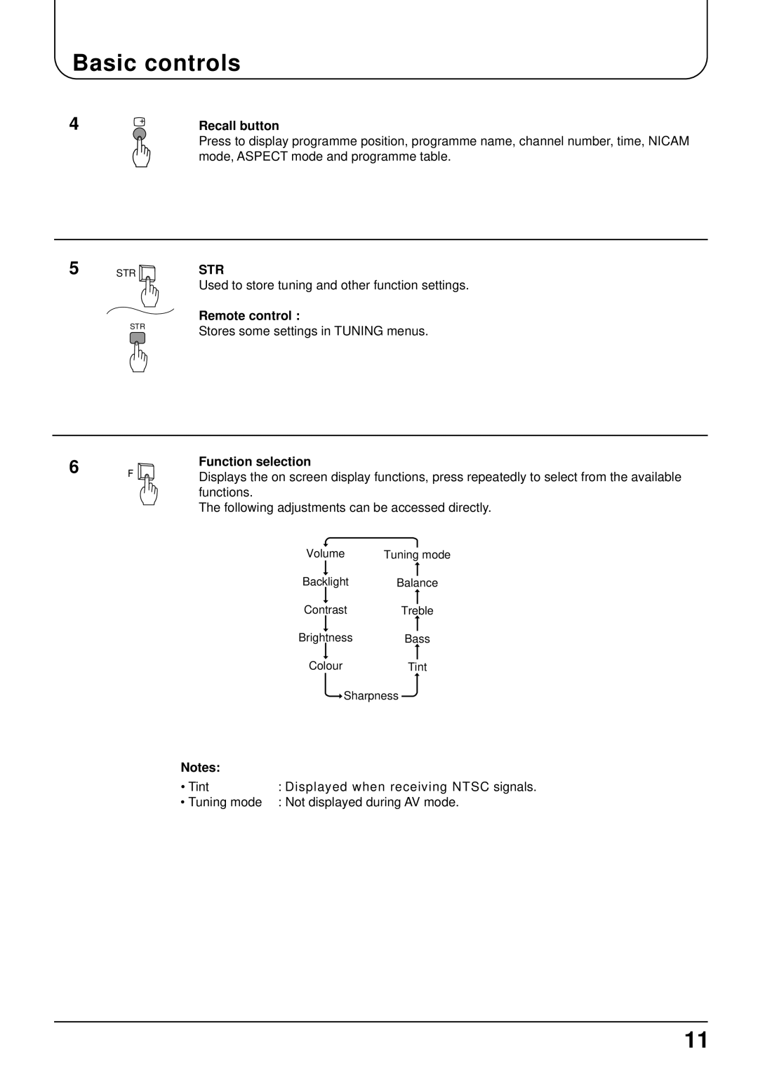 Panasonic TX-15LT2 Recall button, Used to store tuning and other function settings, Stores some settings in Tuning menus 