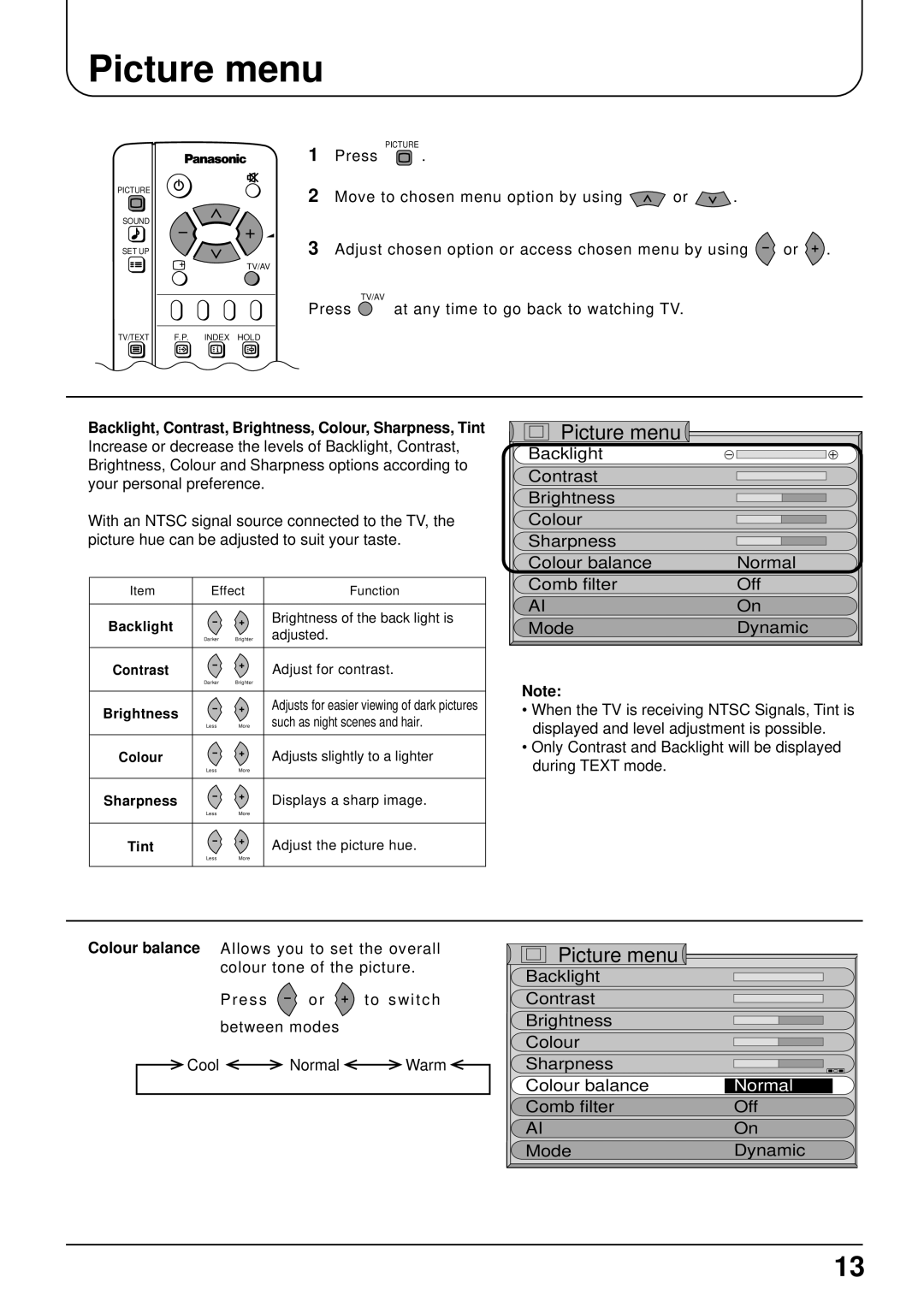 Panasonic TX-15LT2 operating instructions Picture menu, Backlight, Contrast, Brightness, Colour, Sharpness, Tint 