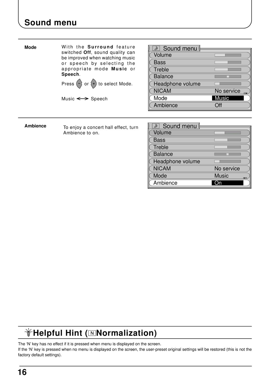 Panasonic TX-15LT2 operating instructions Sound menu, Speech, Ambience 