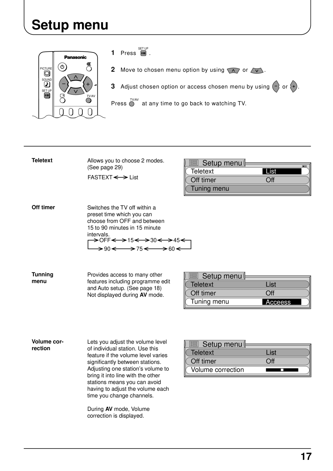 Panasonic TX-15LT2 operating instructions Setup menu, List 