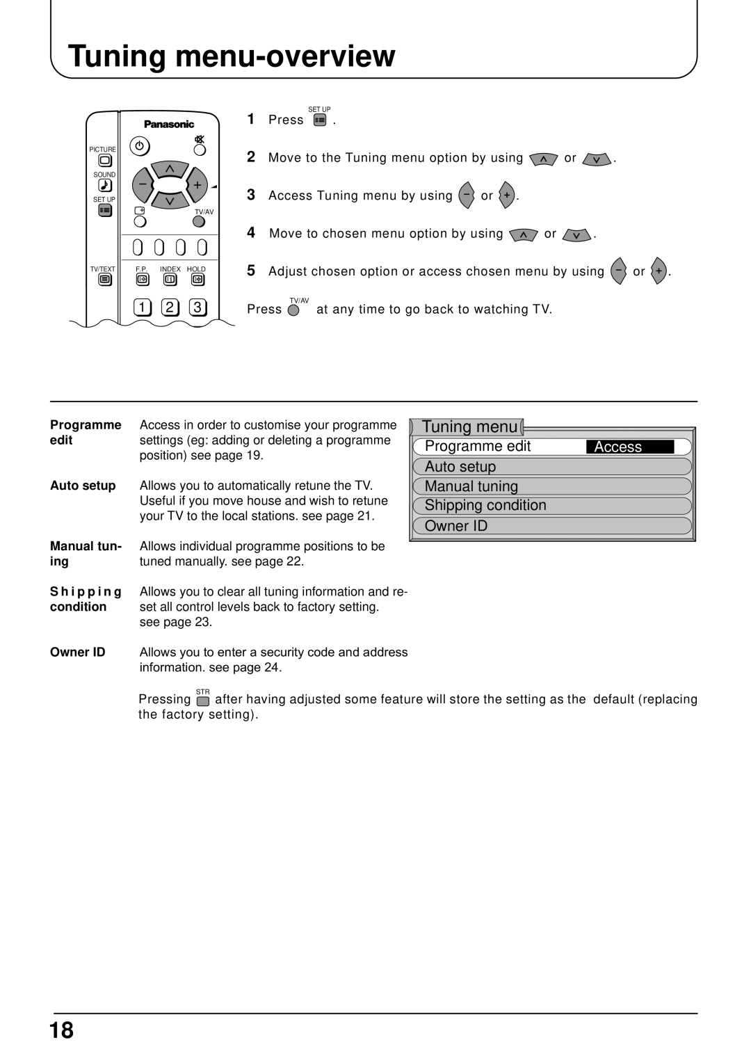 Panasonic TX-15LT2 Tuning menu-overview, Manual tun- Allows individual programme positions to be, Ing Tuned manually. see 