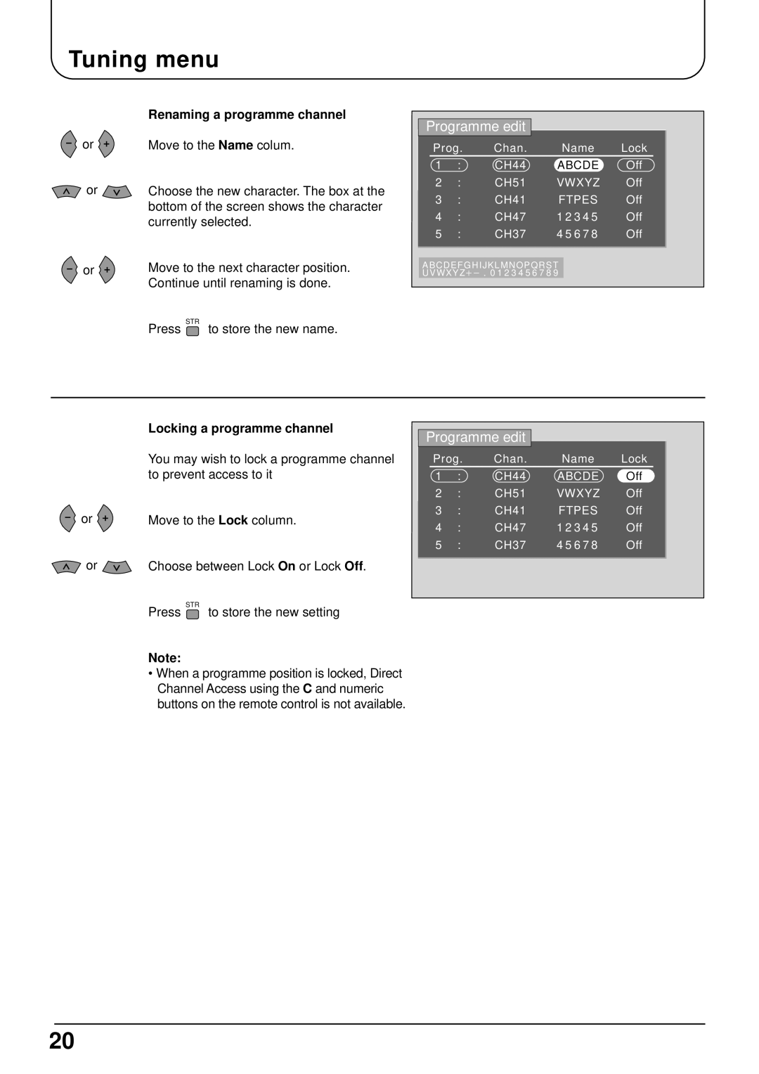 Panasonic TX-15LT2 Tuning menu, Renaming a programme channel, Press to store the new name, Locking a programme channel 