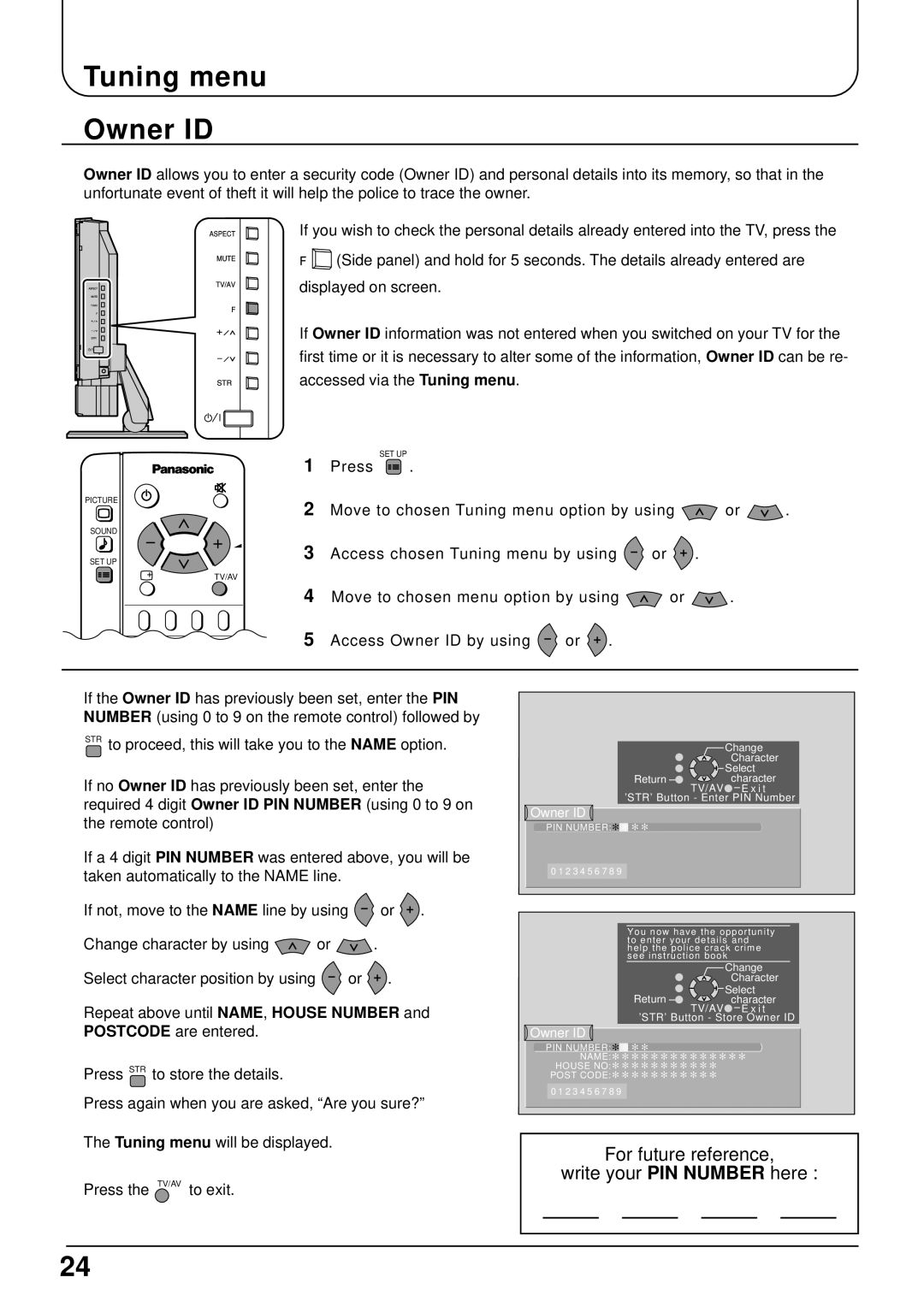 Panasonic TX-15LT2 operating instructions Tuning menu Owner ID, ∗ ∗ ∗ 