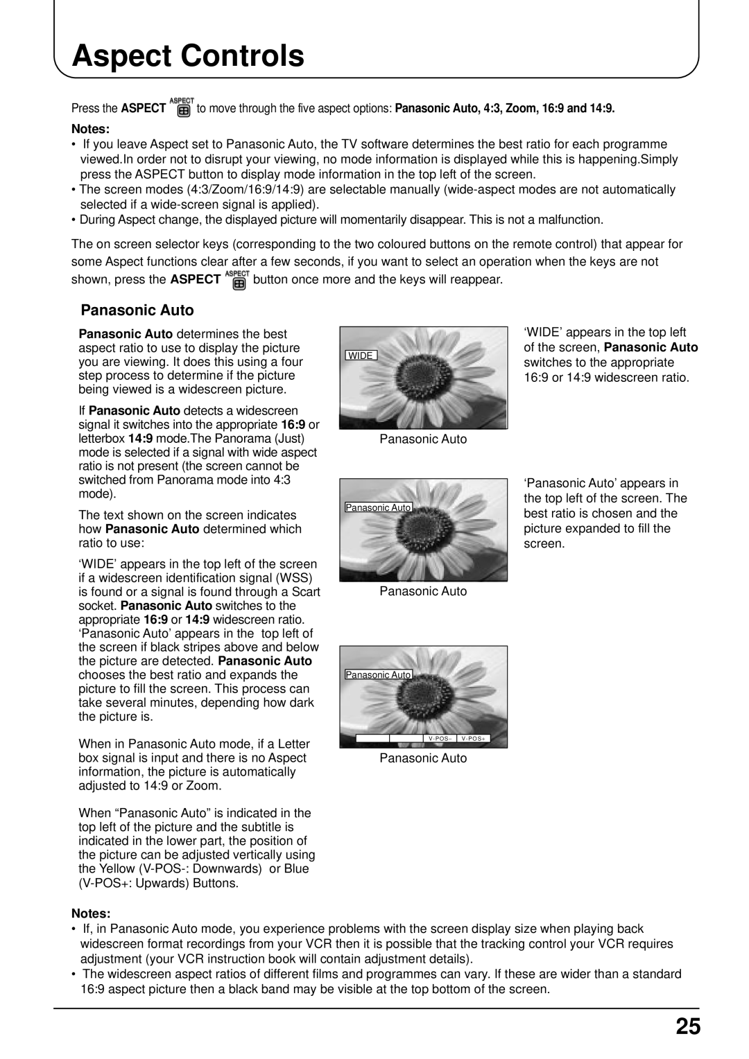 Panasonic TX-15LT2 operating instructions Aspect Controls, Panasonic Auto 