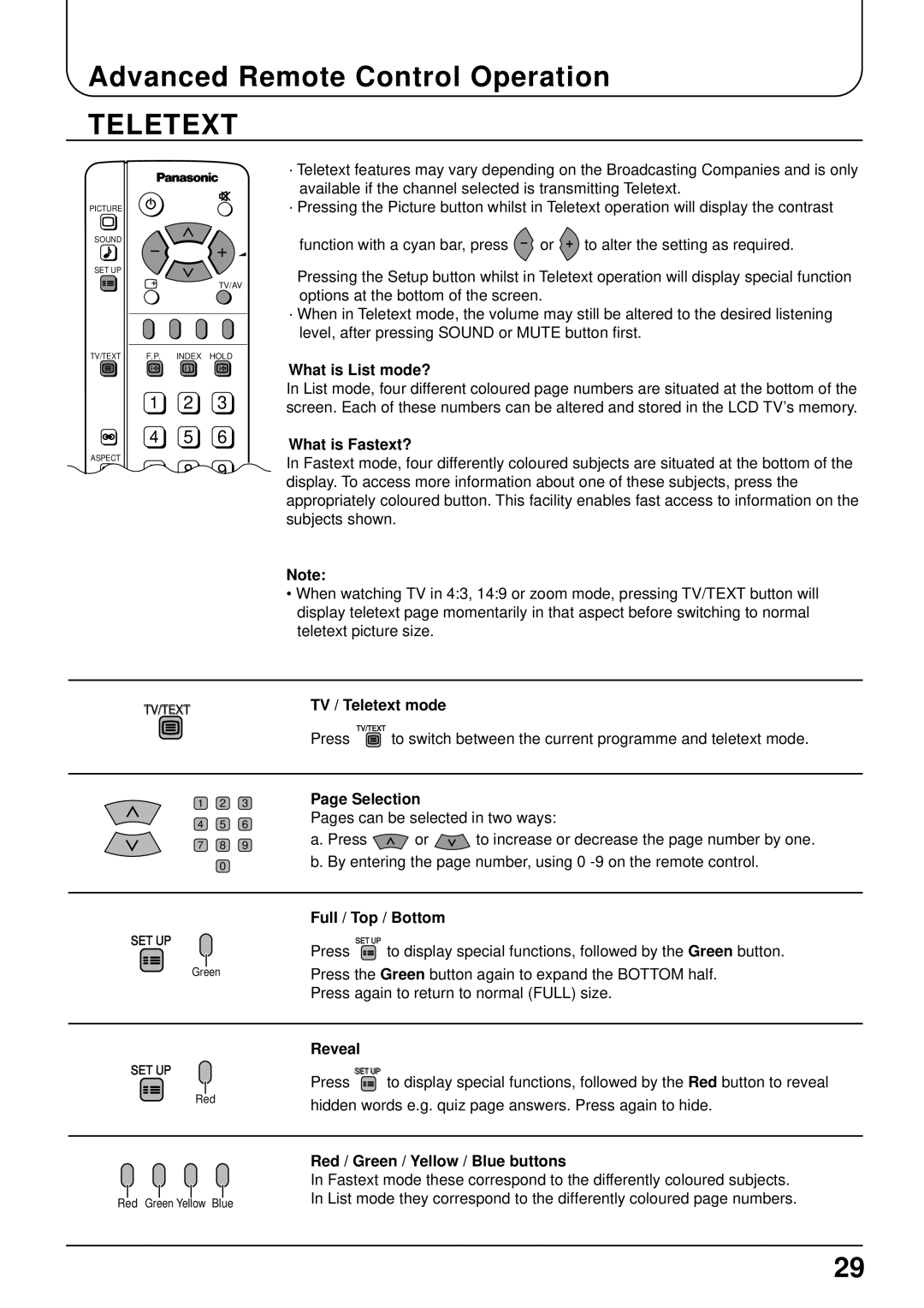 Panasonic TX-15LT2 operating instructions Advanced Remote Control Operation 