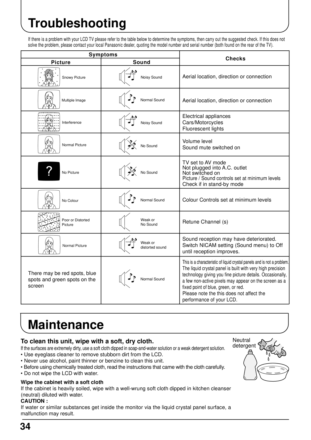 Panasonic TX-15LT2 operating instructions Troubleshooting, Maintenance, To clean this unit, wipe with a soft, dry cloth 