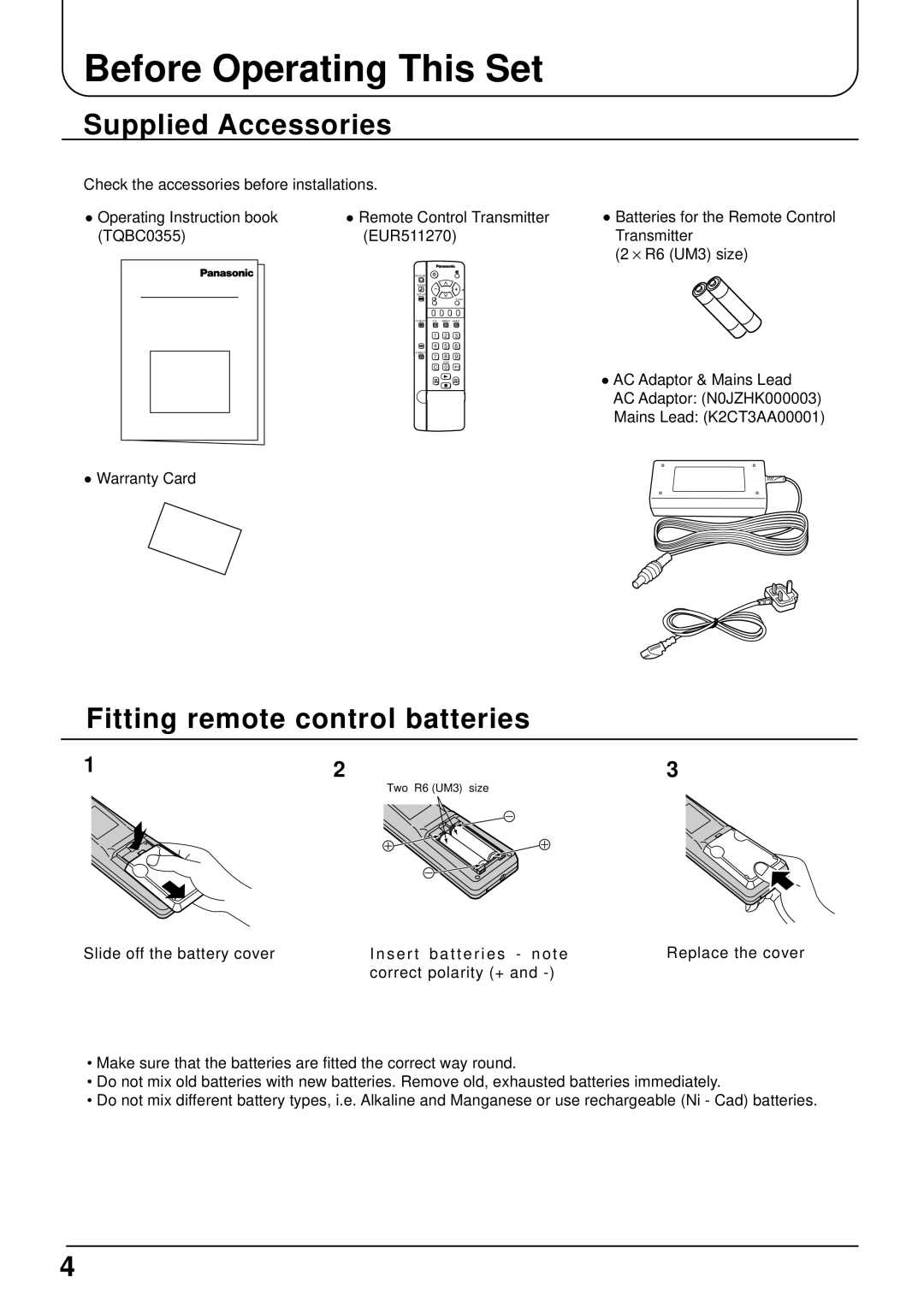 Panasonic TX-15LT2 operating instructions Before Operating This Set, Supplied Accessories, Fitting remote control batteries 