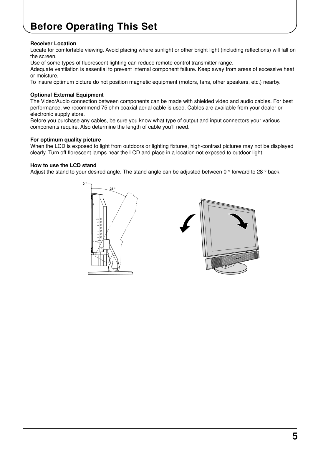 Panasonic TX-15LT2 Before Operating This Set, Receiver Location, Optional External Equipment, For optimum quality picture 