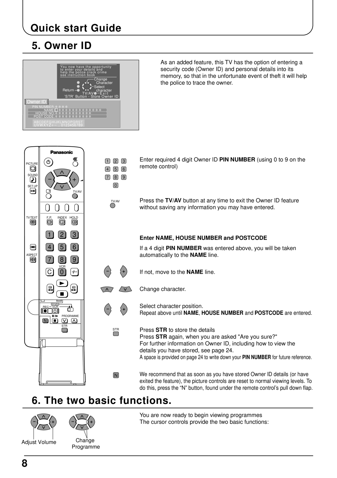 Panasonic TX-15LT2 Quick start Guide Owner ID, Two basic functions, Enter NAME, House Number and Postcode 