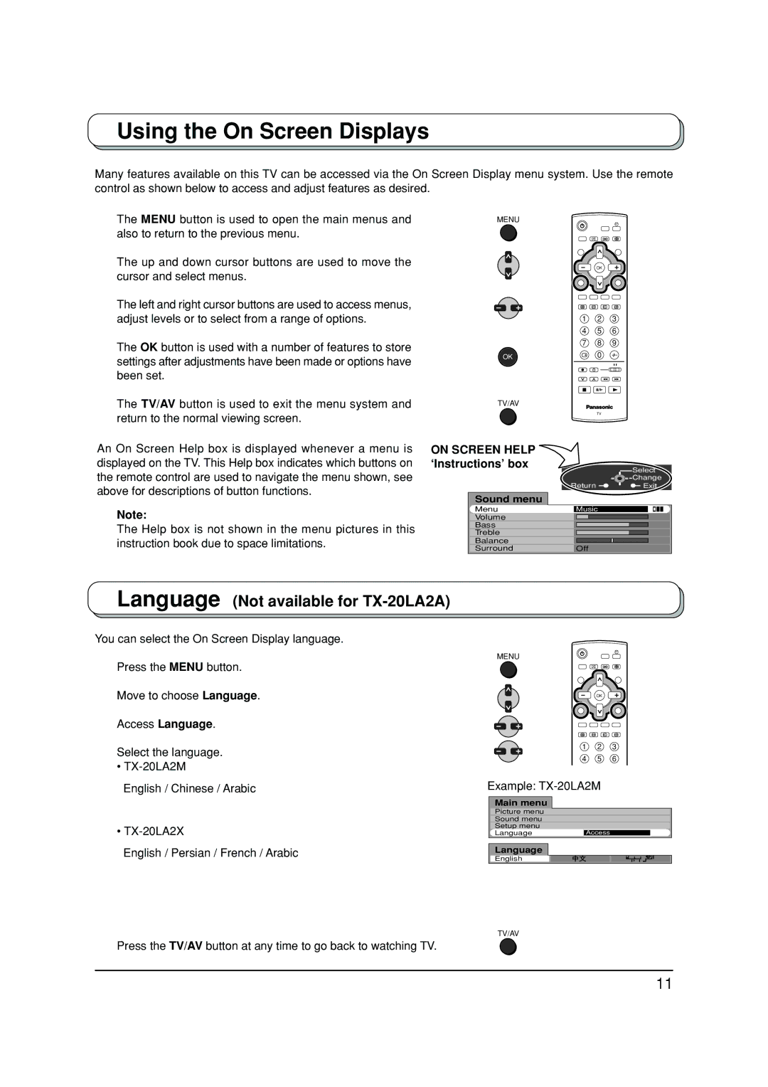 Panasonic TX-20LA2A, TX-20LA2X manual Using the On Screen Displays, On Screen Help, ‘Instructions’ box, Example TX-20LA2M 