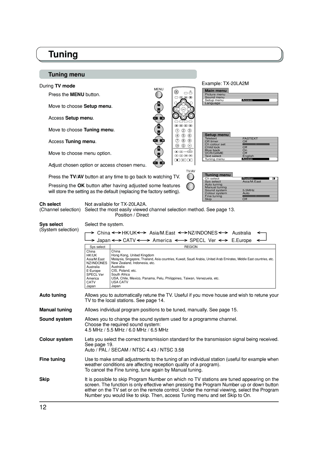 Panasonic TX-20LA2A, TX-20LA2X, TX-20LA2M manual Tuning menu 