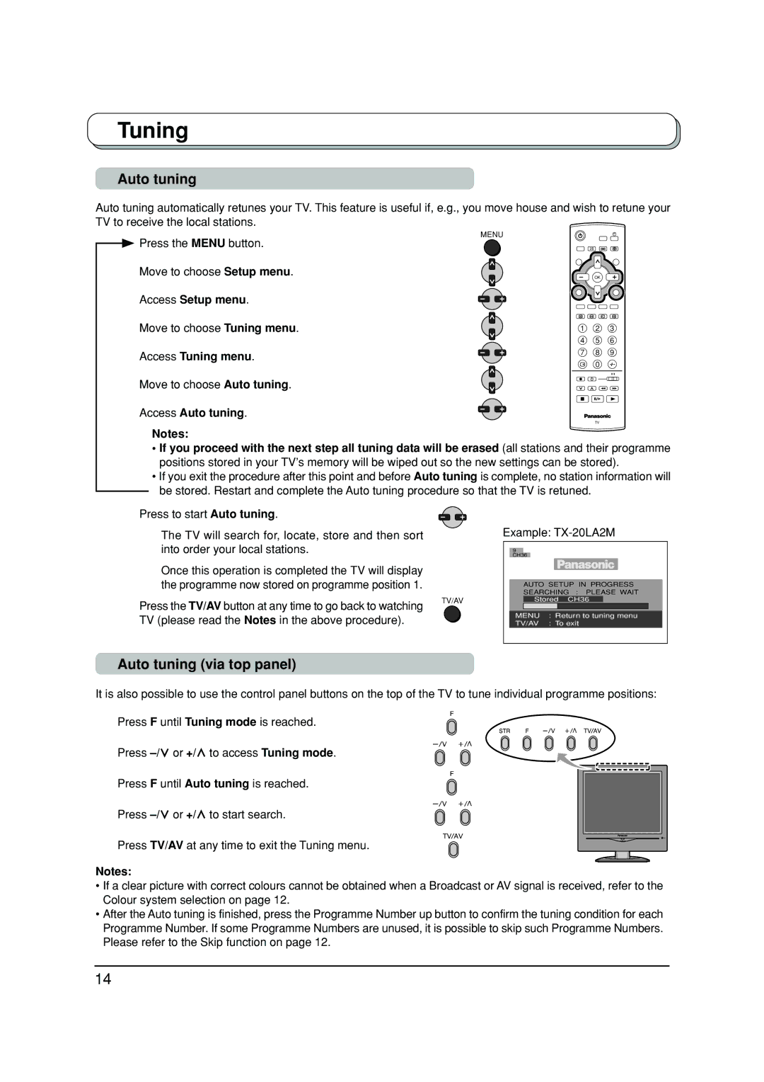 Panasonic TX-20LA2M, TX-20LA2A, TX-20LA2X manual Auto tuning via top panel 