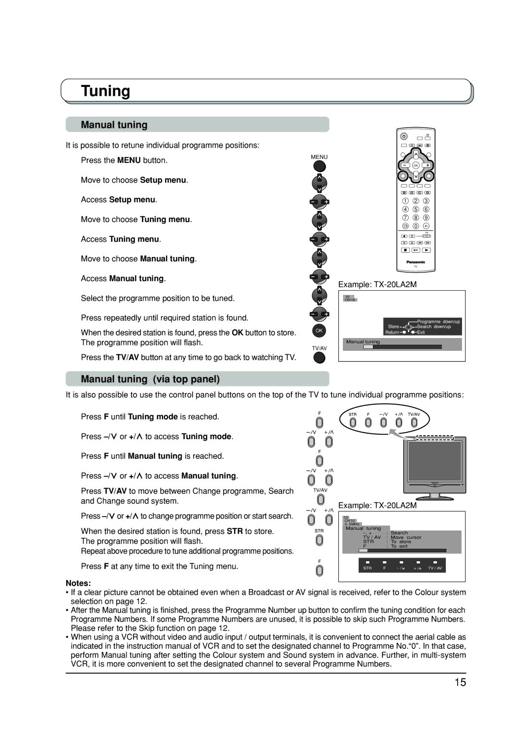 Panasonic TX-20LA2A, TX-20LA2X manual Manual tuning via top panel, Access Manual tuning, Or +/ to access Manual tuning 