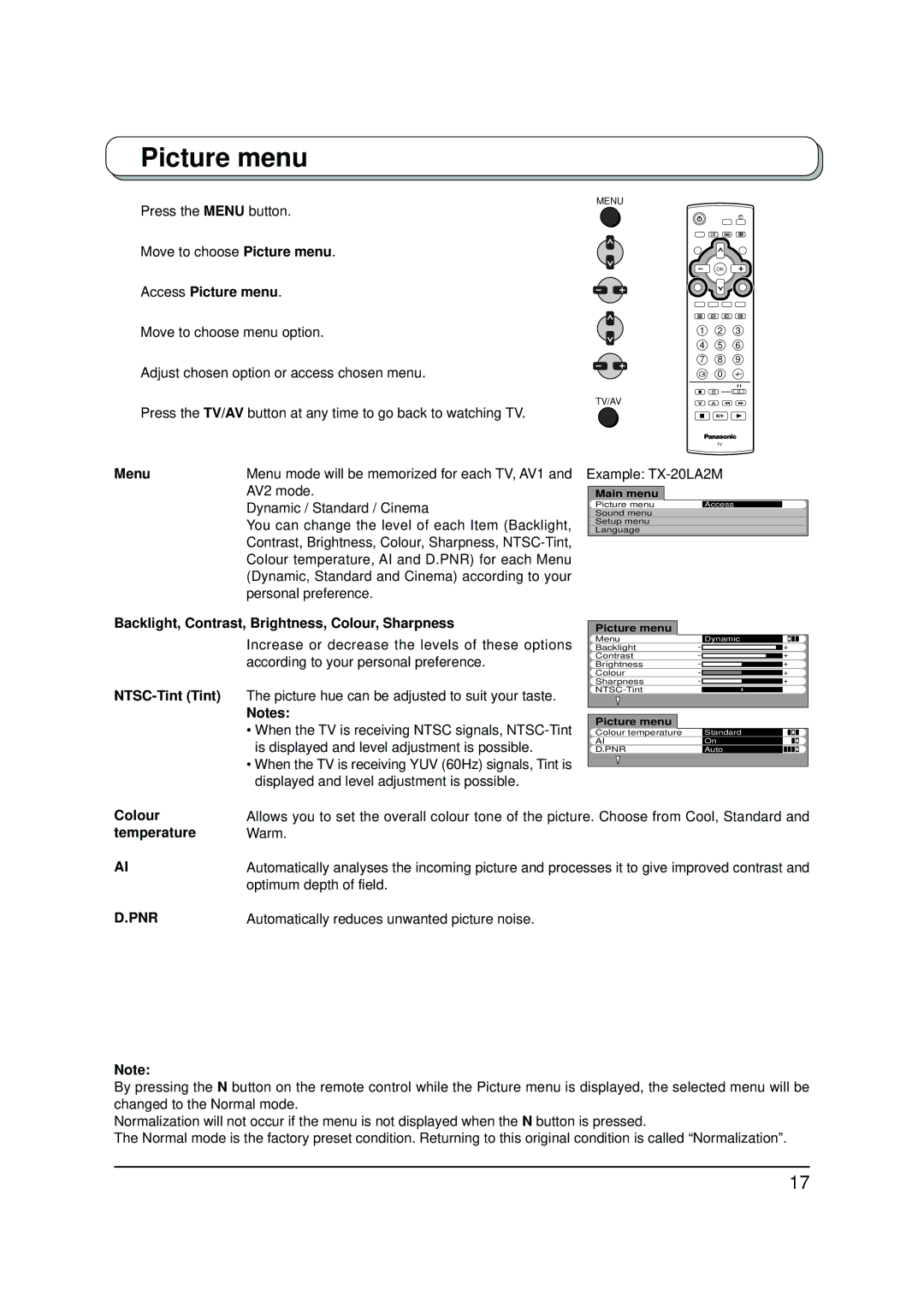 Panasonic TX-20LA2M, TX-20LA2A, TX-20LA2X manual Picture menu, Pnr 