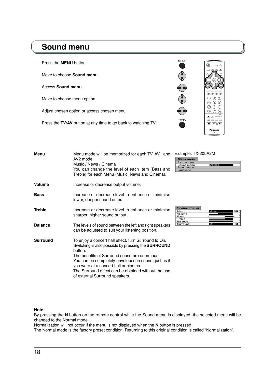 Panasonic TX-20LA2A, TX-20LA2X, TX-20LA2M manual Sound menu 